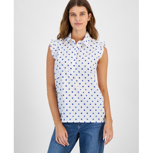 타미힐피거 Womens Cotton Dot-Print Ruffled-Trim Top