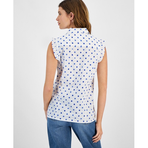 타미힐피거 Womens Cotton Dot-Print Ruffled-Trim Top