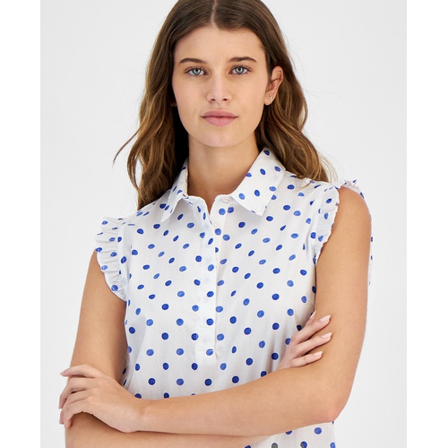 타미힐피거 Womens Cotton Dot-Print Ruffled-Trim Top