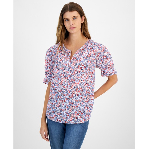 타미힐피거 Womens Cotton Floral-Print Ruffled-Cuff Top