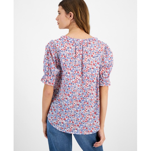 타미힐피거 Womens Cotton Floral-Print Ruffled-Cuff Top