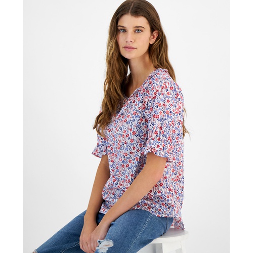 타미힐피거 Womens Cotton Floral-Print Ruffled-Cuff Top