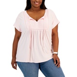 Plus Size Solid Short-Sleeve Pintuck Top