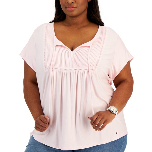 타미힐피거 Plus Size Solid Short-Sleeve Pintuck Top