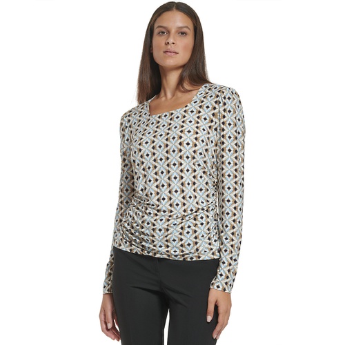 타미힐피거 Womens Geometric-Print Ruched Square-Neck Top