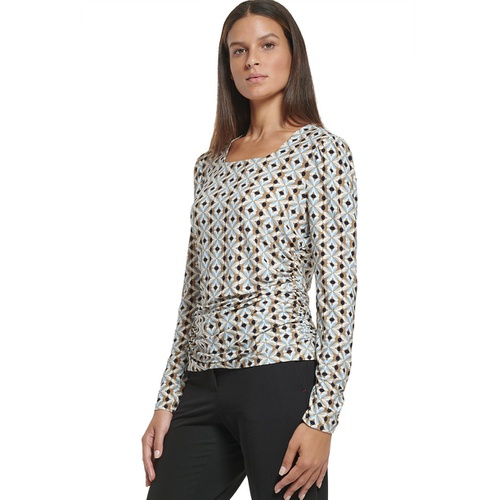 타미힐피거 Womens Geometric-Print Ruched Square-Neck Top