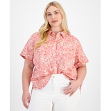 Plus Size Cotton Cuffed-Sleeve Camp Shirt