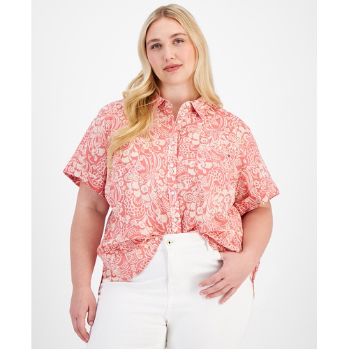 타미힐피거 Plus Size Cotton Cuffed-Sleeve Camp Shirt