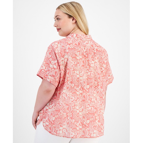 타미힐피거 Plus Size Cotton Cuffed-Sleeve Camp Shirt