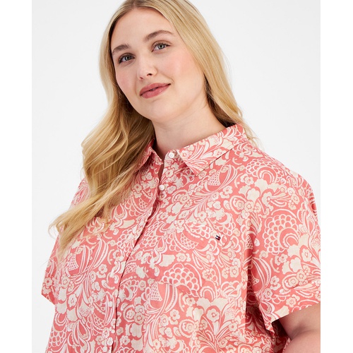 타미힐피거 Plus Size Cotton Cuffed-Sleeve Camp Shirt