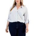 Plus Size Cotton Printed Roll-Tab Shirt