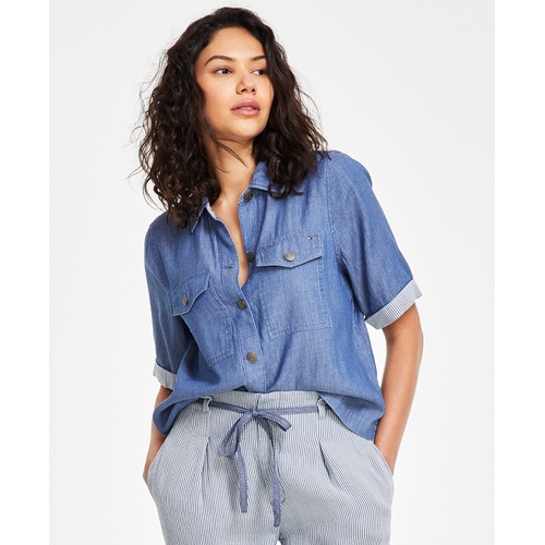 타미힐피거 Womens Cotton Short-Sleeve Camp Shirt