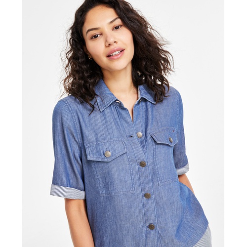 타미힐피거 Womens Cotton Short-Sleeve Camp Shirt