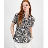 Womens Cotton Floral-Print Short-Sleeve Shirt