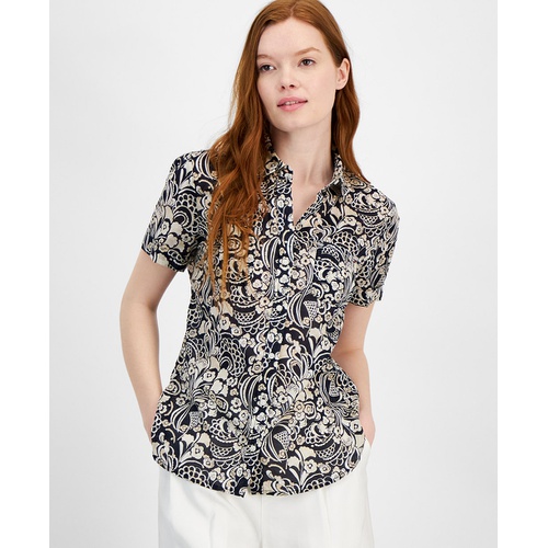 타미힐피거 Womens Cotton Floral-Print Short-Sleeve Shirt