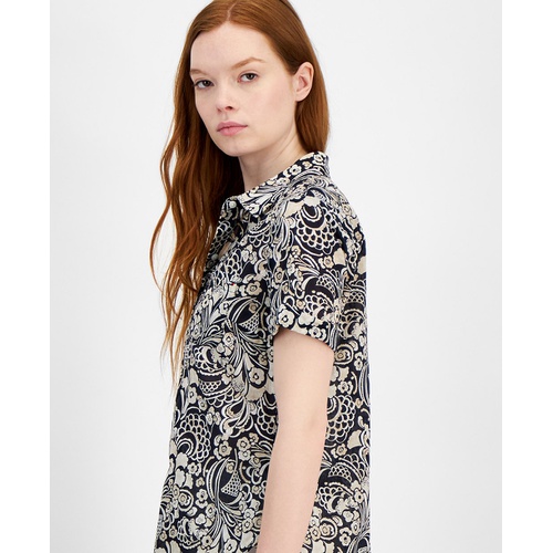 타미힐피거 Womens Cotton Floral-Print Short-Sleeve Shirt