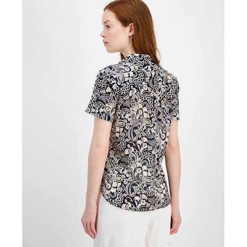 타미힐피거 Womens Cotton Floral-Print Short-Sleeve Shirt