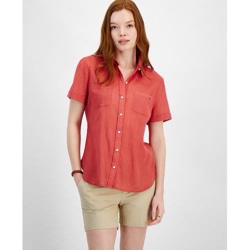 타미힐피거 Womens Cotton Solid Short-Sleeve Shirt