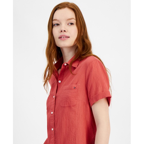 타미힐피거 Womens Cotton Solid Short-Sleeve Shirt