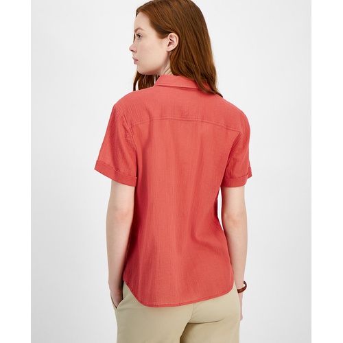 타미힐피거 Womens Cotton Solid Short-Sleeve Shirt