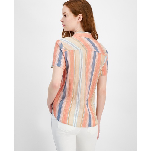 타미힐피거 Womens Cotton Striped Short-Sleeve Shirt