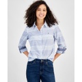 Womens Beach Stripe Cotton Roll Tab Shirt