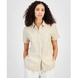 Womens Linen-Blend Short-Sleeve Button-Front Shirt