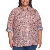 Plus Size Floral Roll-Tab Button-Up Shirt