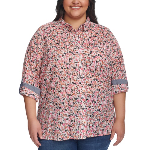 타미힐피거 Plus Size Floral Roll-Tab Button-Up Shirt