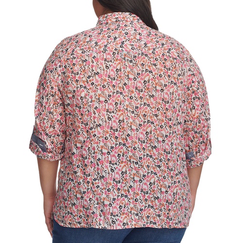 타미힐피거 Plus Size Floral Roll-Tab Button-Up Shirt