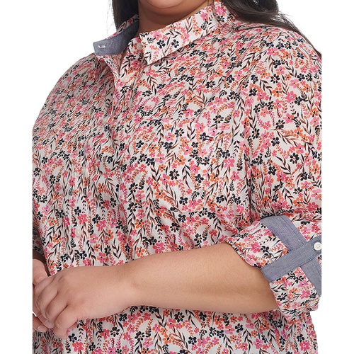 타미힐피거 Plus Size Floral Roll-Tab Button-Up Shirt