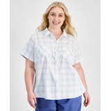 Plus Size Cotton Plaid Textured Camp Shirt