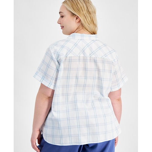 타미힐피거 Plus Size Cotton Plaid Textured Camp Shirt