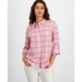 Womens Plaid Parker Roll-Tab-Sleeve Button-Down Top