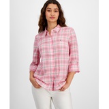 Womens Plaid Parker Roll-Tab-Sleeve Button-Down Top