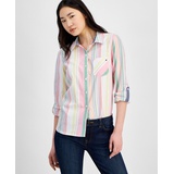 Womens Cotton Striped Roll-Tab Shirt