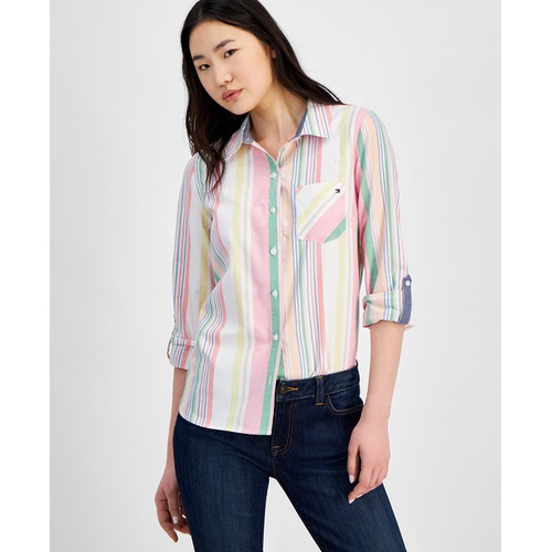 타미힐피거 Womens Cotton Striped Roll-Tab Shirt