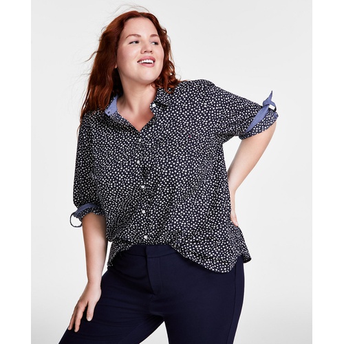 타미힐피거 Plus Size Cotton Printed Roll-Tab Shirt