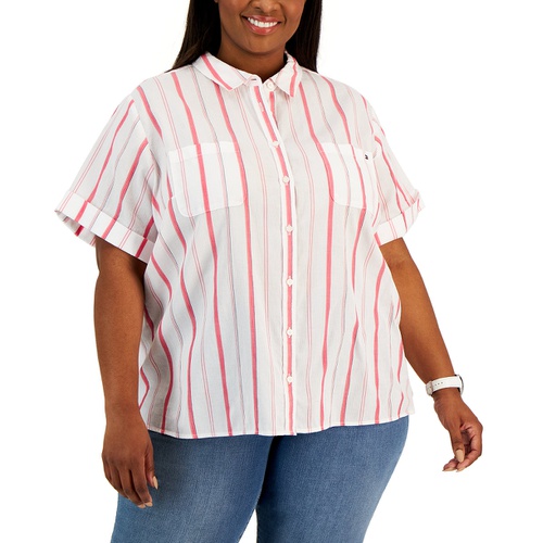 타미힐피거 Plus Size Cotton Striped Camp Shirt