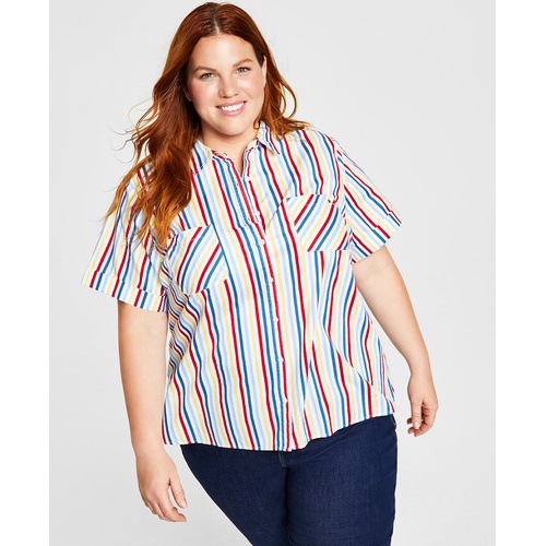 타미힐피거 Plus Size Striped Camp Shirt