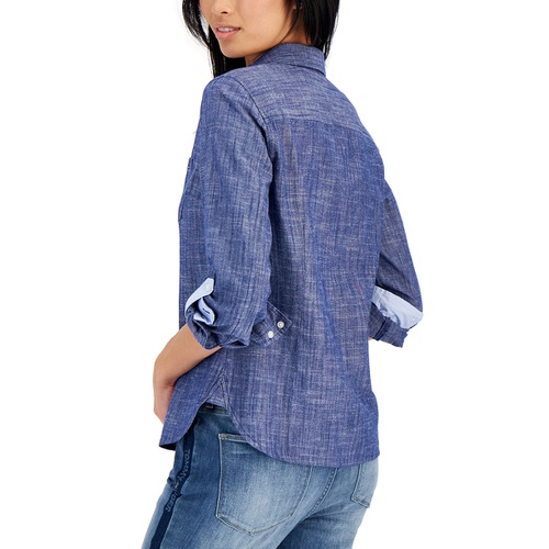 타미힐피거 Womens Cotton Printed Roll-Tab Utility Shirt