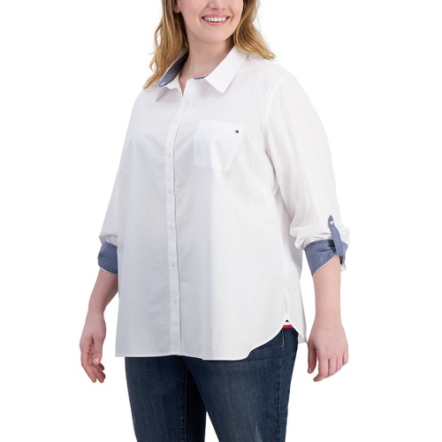 타미힐피거 Plus Size Cotton Roll-Tab Shirt