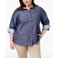 Plus Size Cotton Chambray Roll-Sleeve Shirt