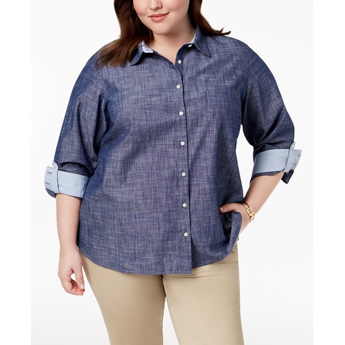 타미힐피거 Plus Size Cotton Chambray Roll-Sleeve Shirt