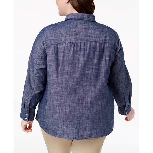 타미힐피거 Plus Size Cotton Chambray Roll-Sleeve Shirt