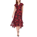 Womens Printed V-Neck Flutter-Sleeve Dress