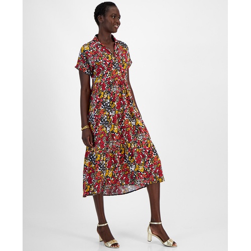 타미힐피거 Womens Cotton Floral Tiered Midi Dress