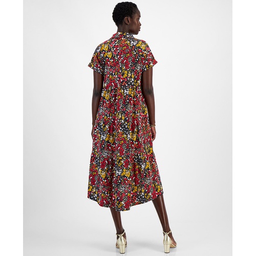 타미힐피거 Womens Cotton Floral Tiered Midi Dress