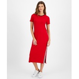 Womens Contrast-Stripe Ribbed Knit Midi Dress