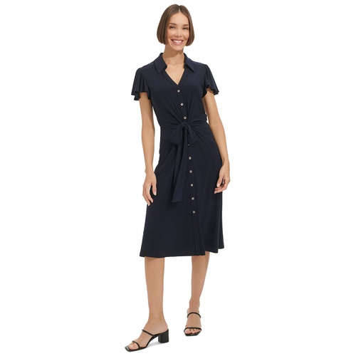 타미힐피거 Womens Button-Front Tie-Waist Flutter-Sleeve Dress